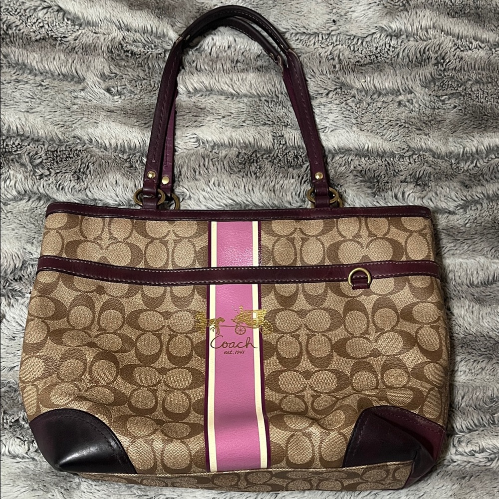 Coach Brown Canvas Tote with Pink Stripe and Burgundy Trim